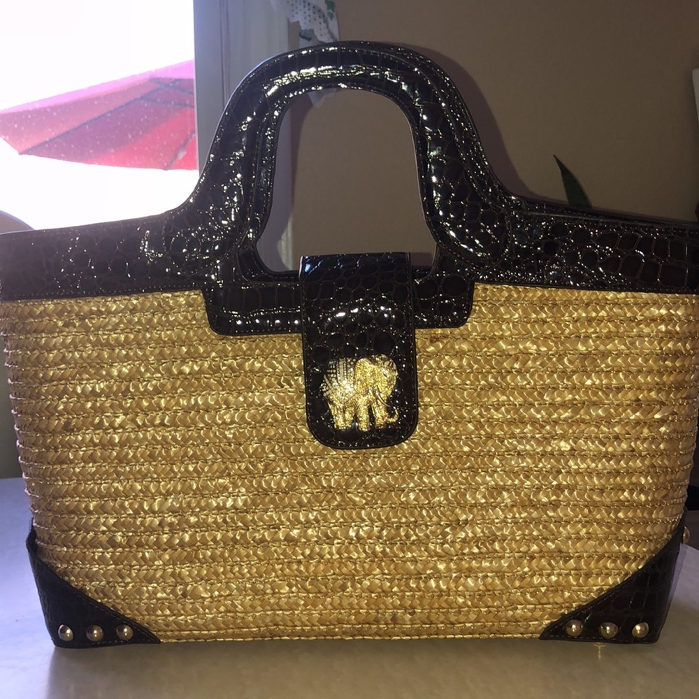 Lilly Pulitzer Large Straw Hand Tote with Elephant Charm